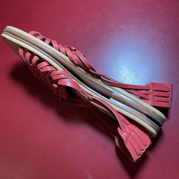 L.L.Bean Sandals Womens 7M Red Leather Flat Tassel Slingback Bow Artsy Boho - Picture 2 of 9